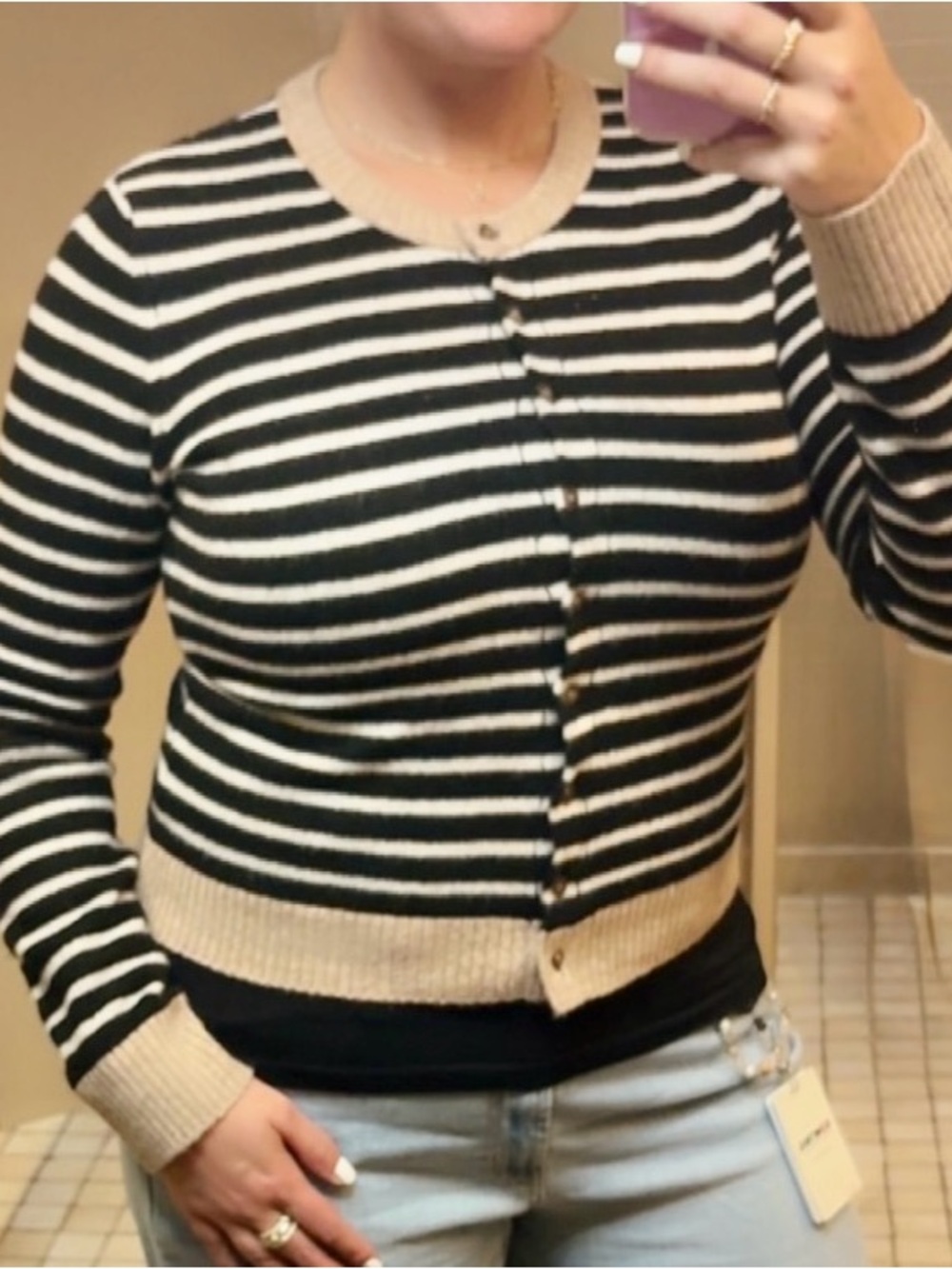Striped Crewneck Button-Front Sweater Cardigan in Black and Cream